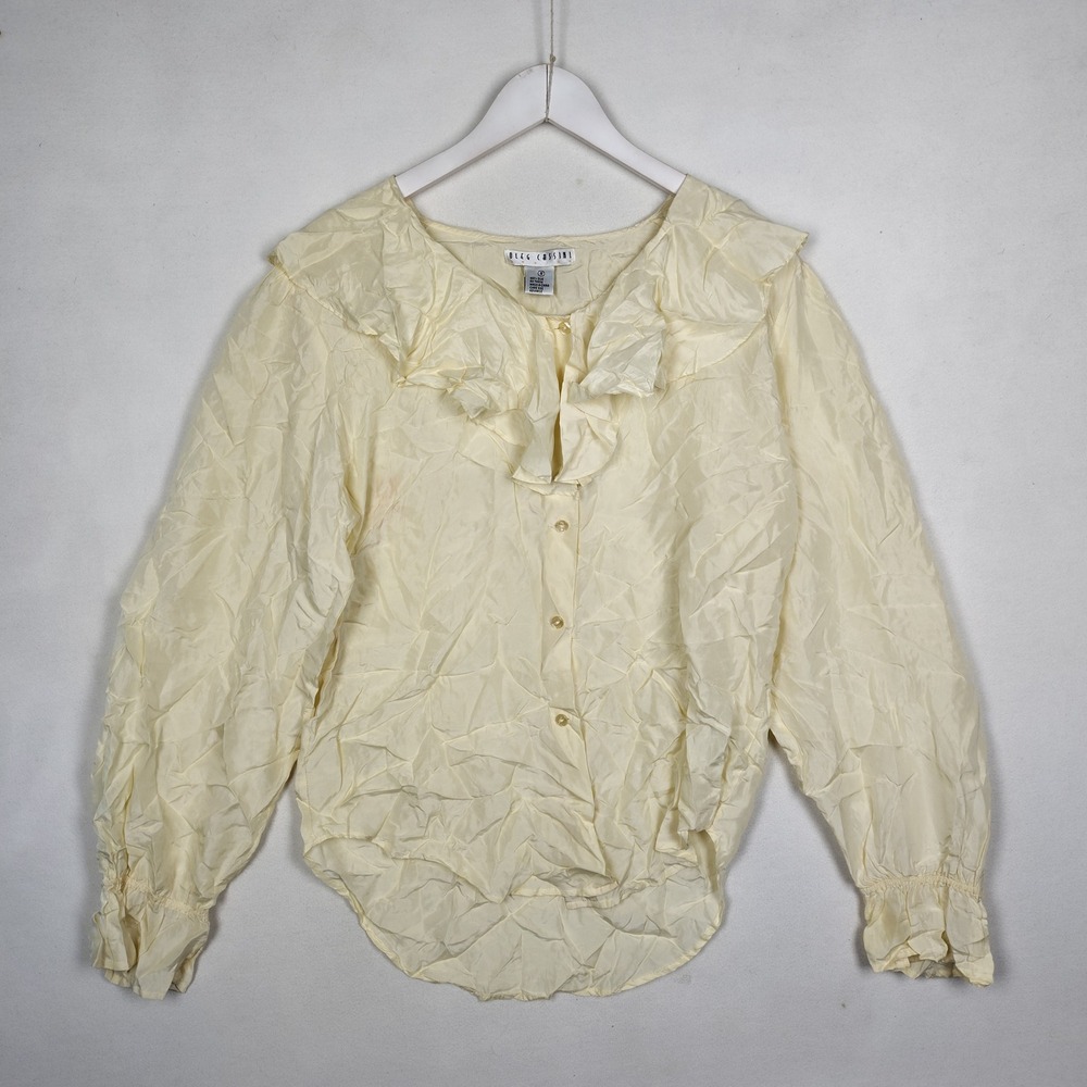 Oleg Cassini Vintage 100% Silk Ruffle Collar Blouse Cream Ivory Small RN 78834